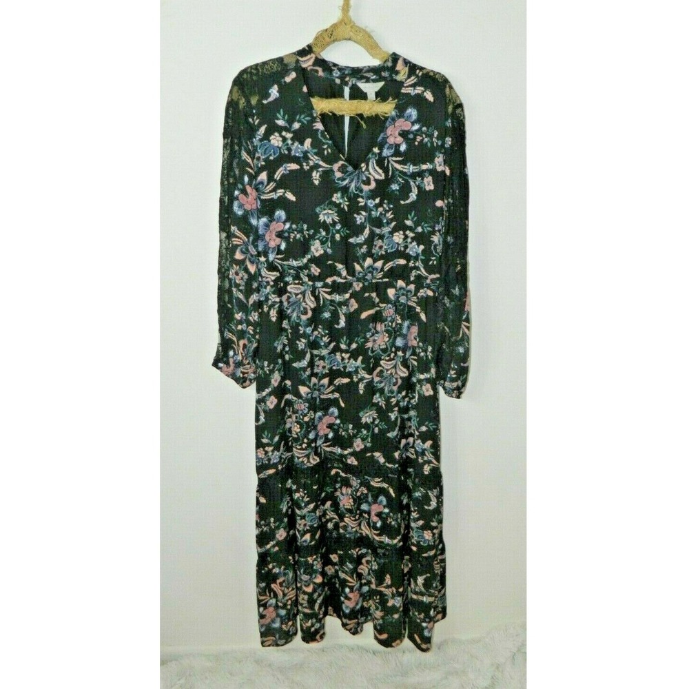 Belle Sky Dress Plus Size X-Large Black Floral Lace Cottage Core Maxi